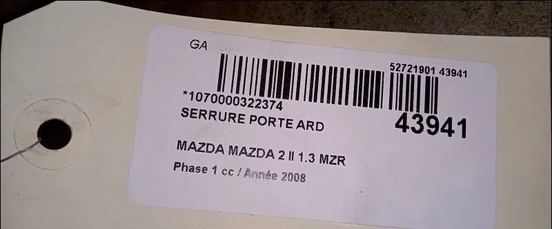 Serrure porte ard Mazda 2 (DE_, DH_) 1.3 (de3fs) (2007-2015) occasion